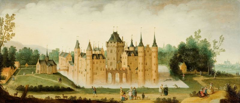 Castelo de Egmond aan den Hoef ao crepúsculo, pintura a óleo de Claes Jacobsz. van der Heck