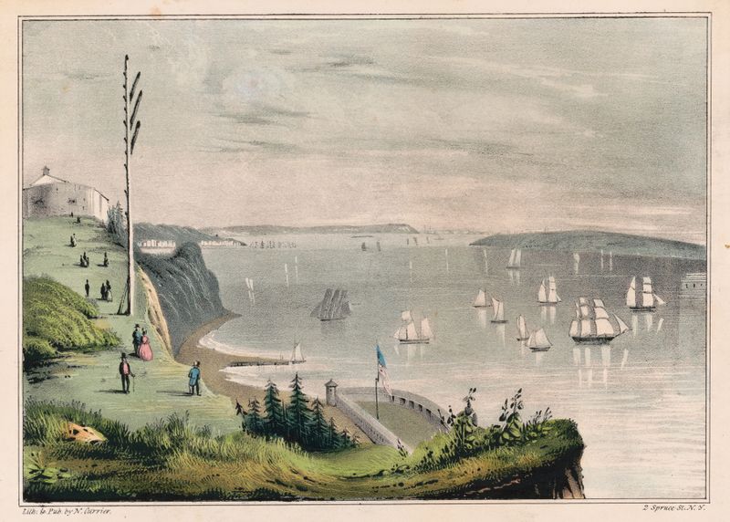 Cena marinha da Baía de Nova York com uma estação telegráfica de Currier & Ives, litografia