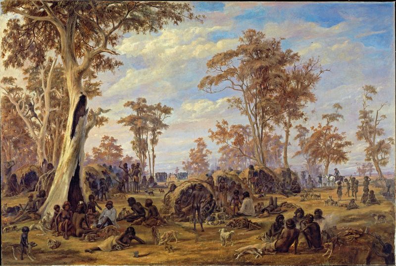 Oil on canvas by Alexander Schramm depicting natives along the river Torrens