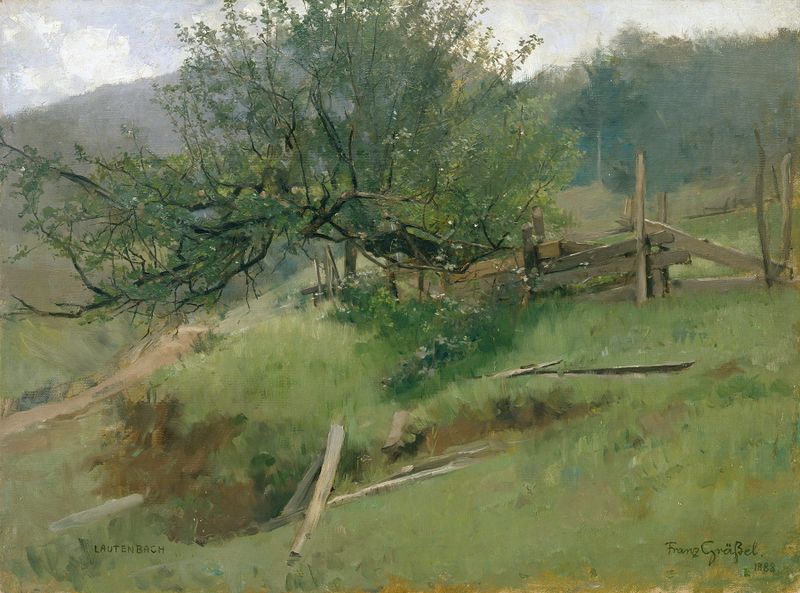 Meadow Slope de Franz Xaver Gräßel, óleo sobre tela que retrata uma paisagem serena com flores silvestres e luz do sol.