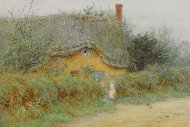 A Wiltshire Cottage by Helen Allingham, Victorian landscape depicting a rural cottage with weathered stones.