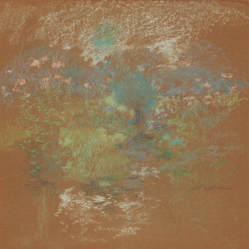 Paisaje de John Henry Twachtman, pintura al óleo que representa un arroyo sereno con vegetación exuberante.