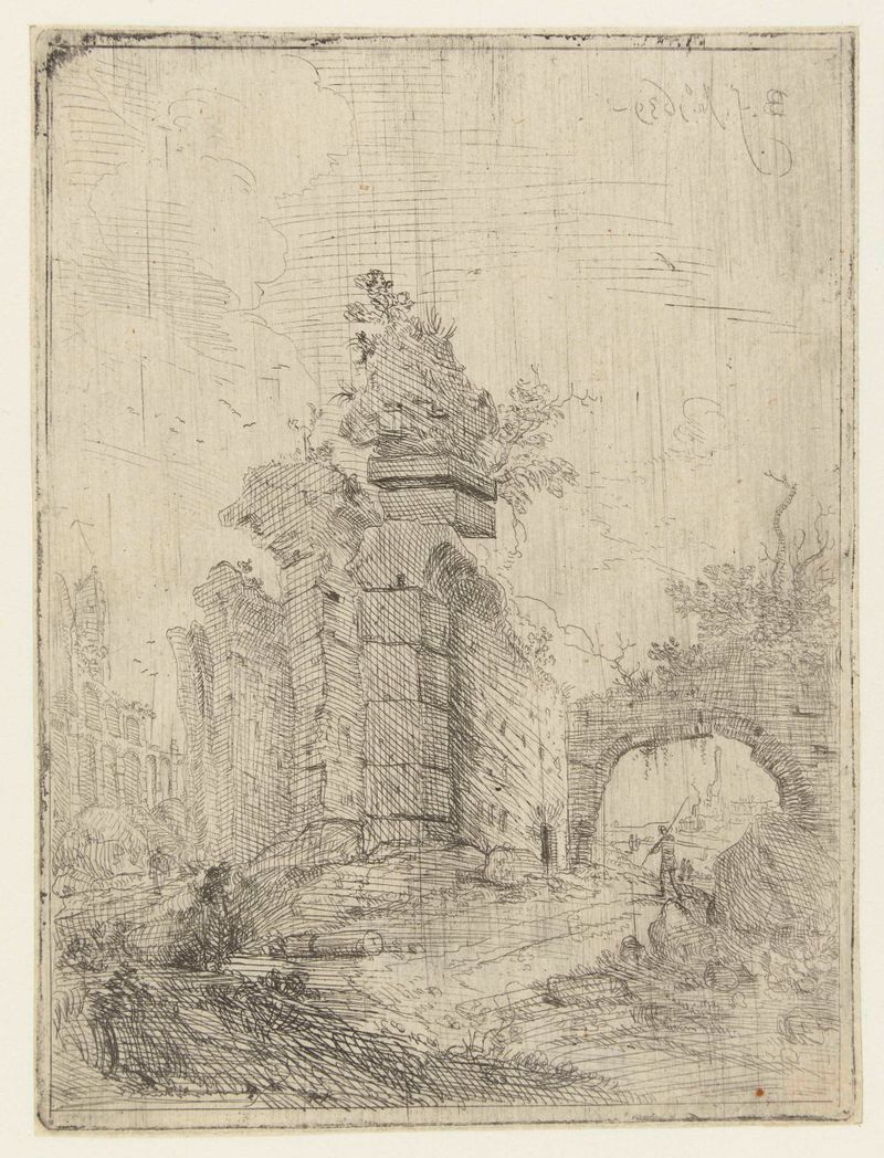 Landschap met ruïnes, etching by Bartholomeus Breenbergh depicting a landscape with ruins.