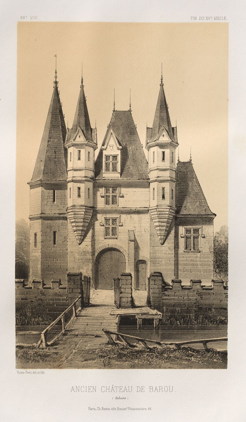 Pintura a óleo de paisagem de Victor Petit mostrando Ancien Château de Barou com paredes de pedra e luz da tarde.