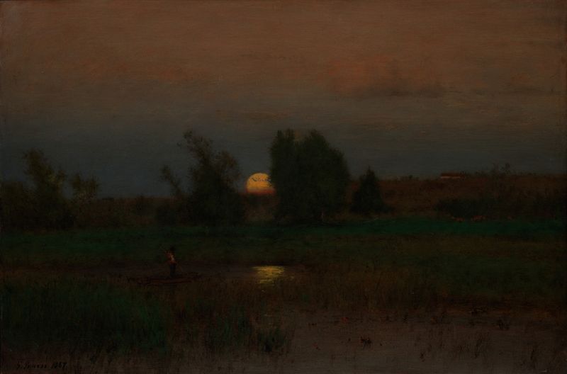 Moonrise de George Inness, pintura a óleo que retrata uma paisagem tranquila com água e céu ao crepúsculo.