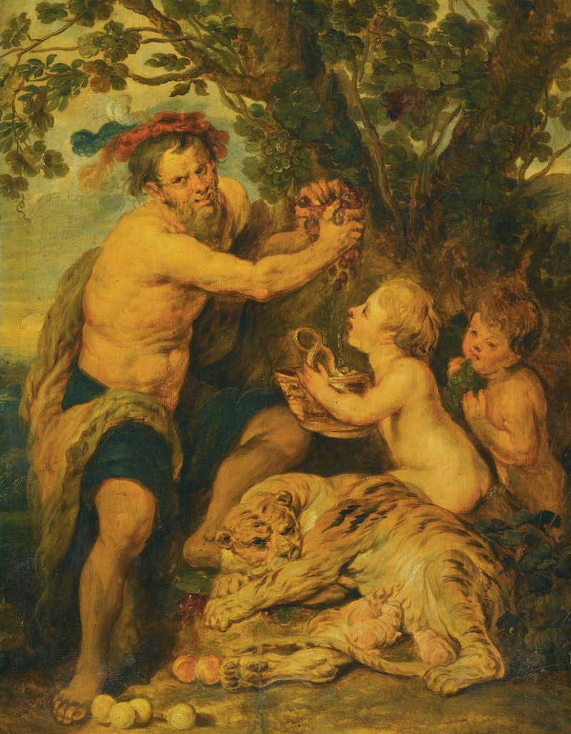 A Drinking Man With Putti And A Tiger, oil painting, follower of Peter Paul Rubens