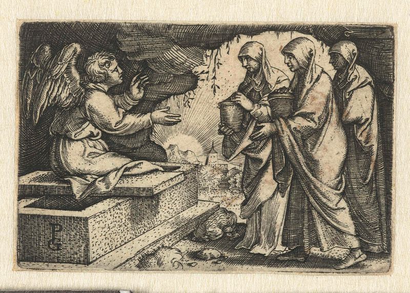 Grabado de Georg Pencz que representa a tres figuras en una tumba vacía