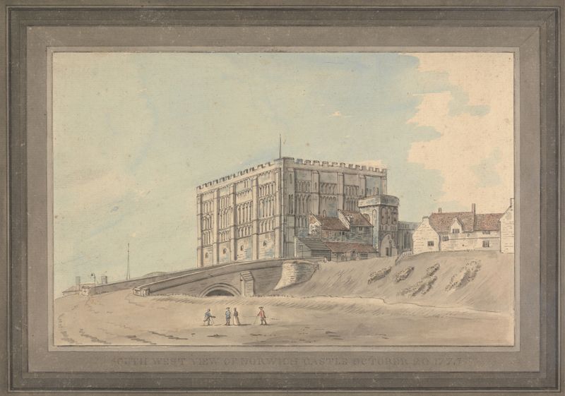 South West View of Norwich Castle by Capt. Francis Grose, oil painting depicting a castle in golden light.