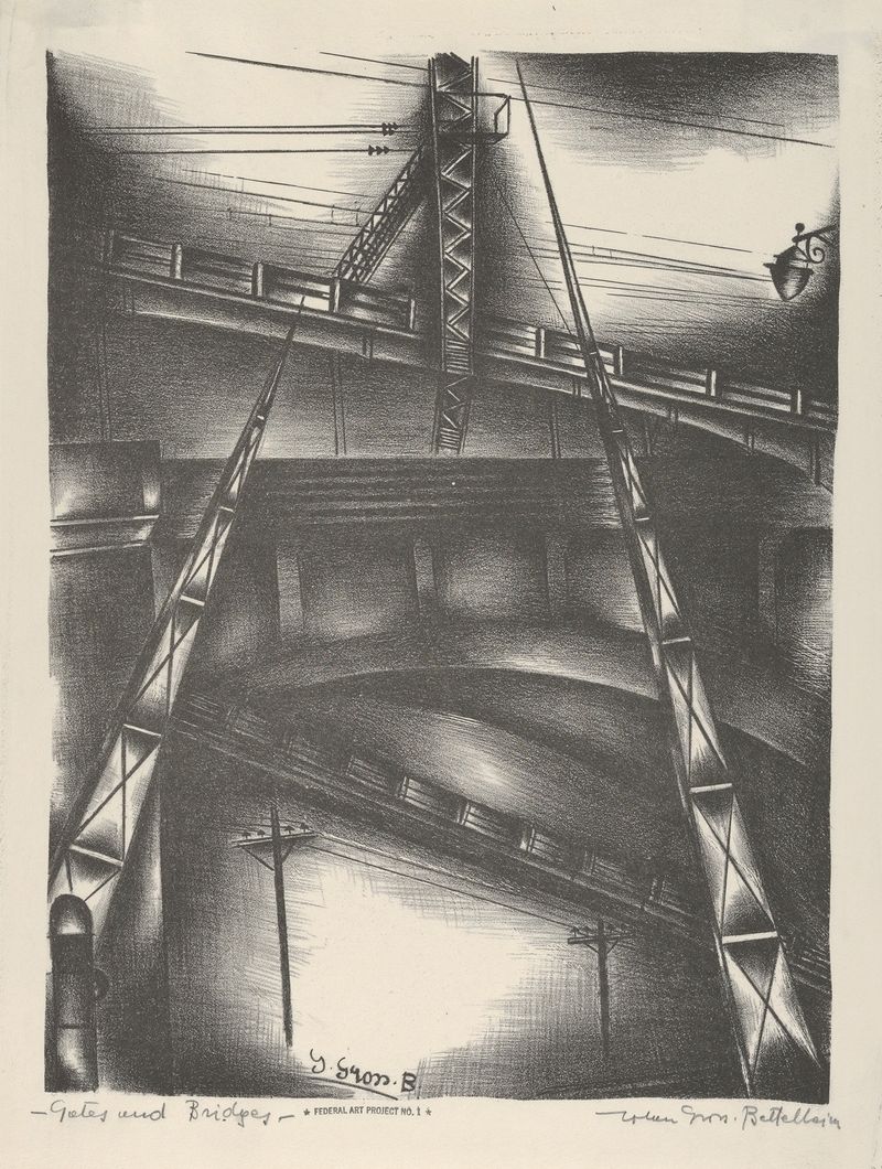 Abstract artwork by Jolan Gross Bettelheim, oil painting featuring gates and bridges.