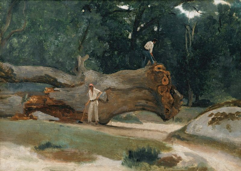 Bûcherons de Jean-Baptiste-Camille Corot, óleo sobre tela que retrata lenhadores em uma floresta.