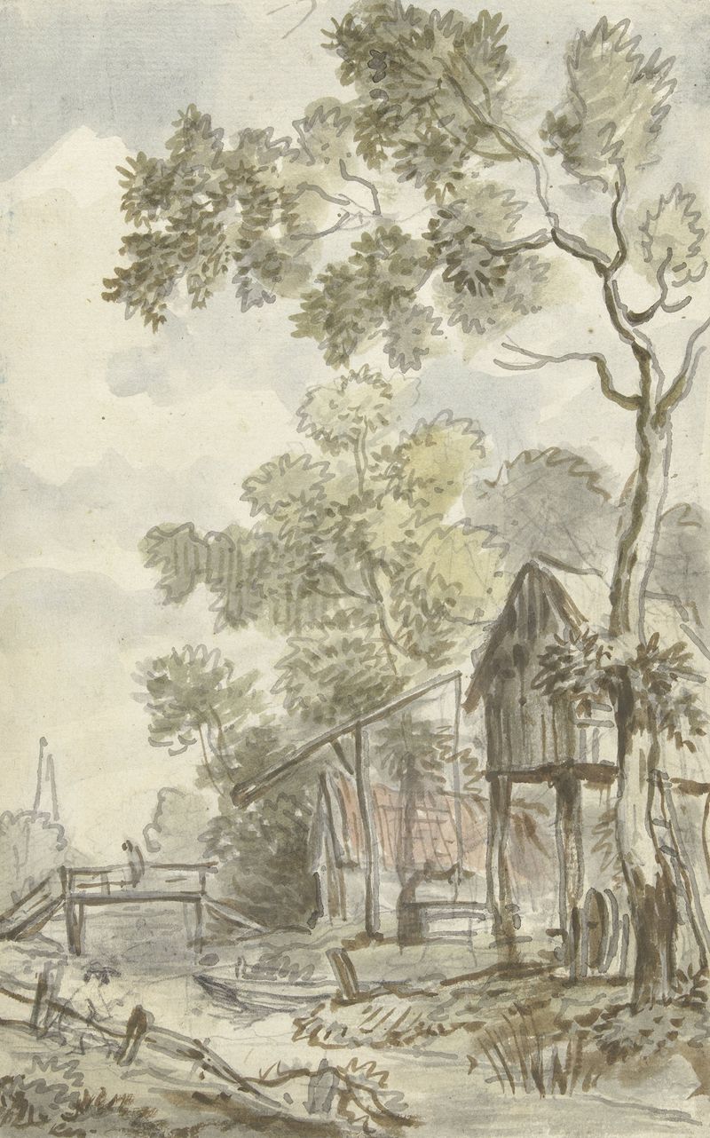 Watercolour by Jurriaan Andriessen depicting a landscape with hills and an amber sky.