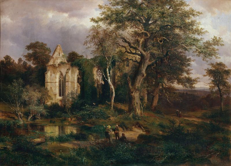 Ruins of a church altar at twilight by Ludwig Halauska, oil painting.