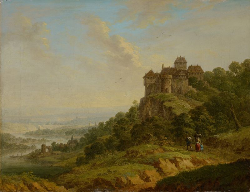 Landscape with Castle de Christian Georg Schütz the elder, óleo que muestra un castillo en una colina.