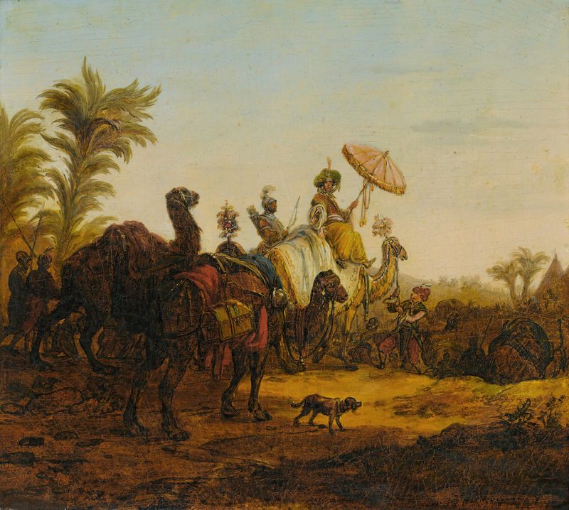 Caravan in the desert, oil on canvas by Jean-Baptiste Hilaire, featuring camels crossing sandy dunes.