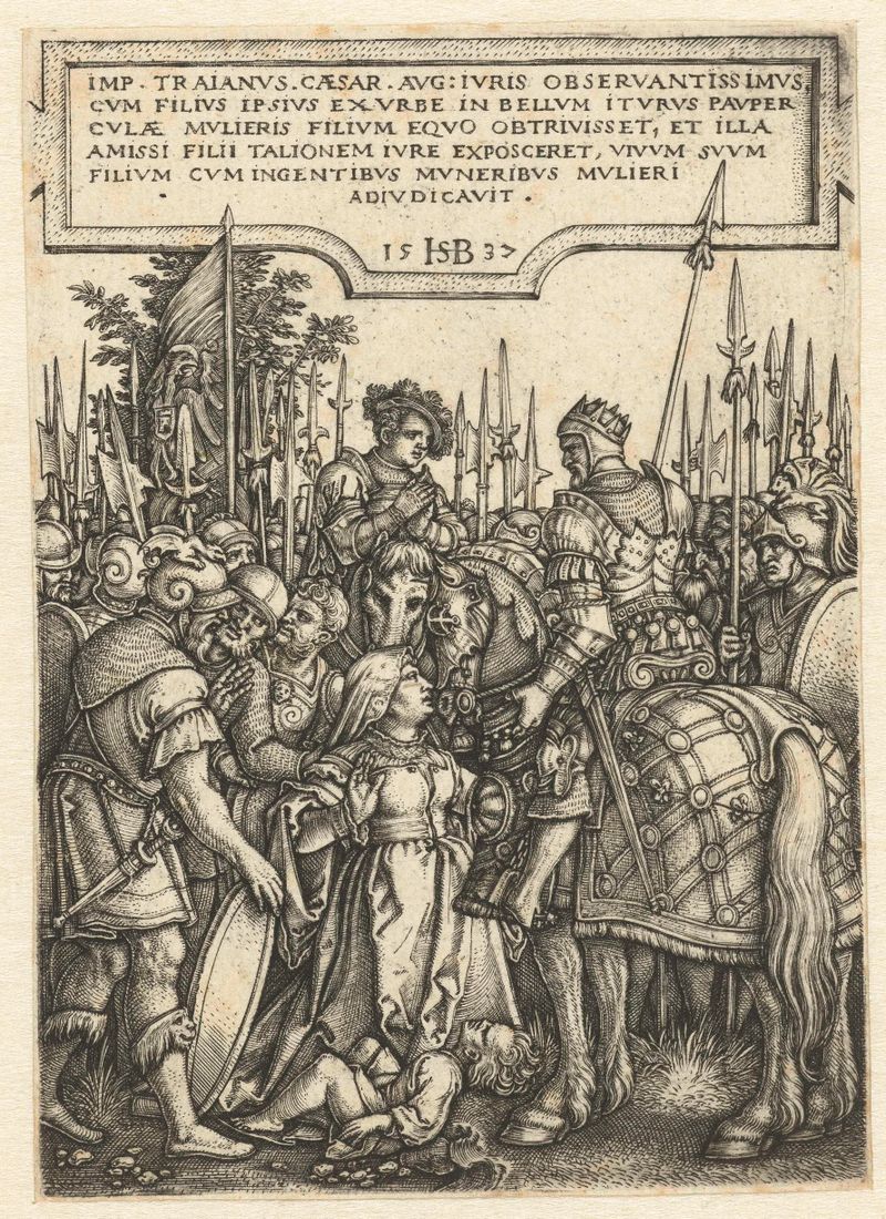 Grabado de Hans Sebald Beham que representa al emperador Trajano simbolizando la justicia.
