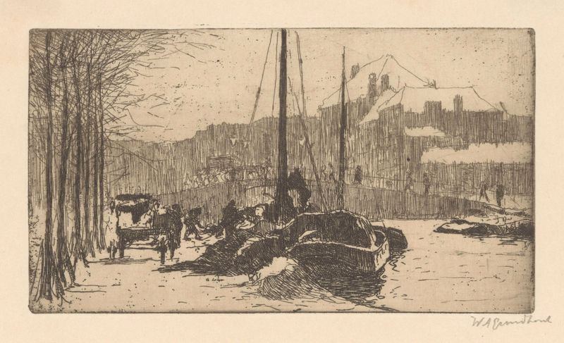 Paisaje invernal con nieve cubriendo los techos de Willem Adrianus Grondhout, pintura al óleo