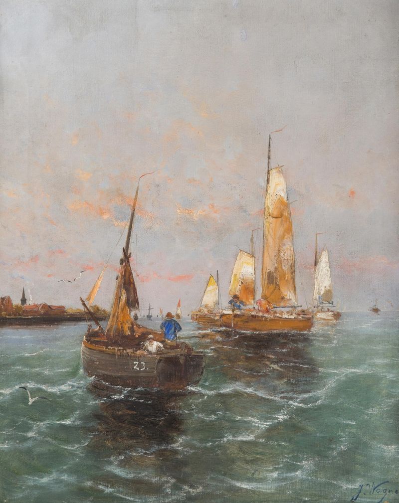 Marina Art by Georg Fischhof, oil on canvas showcasing golden tones and serene depths.