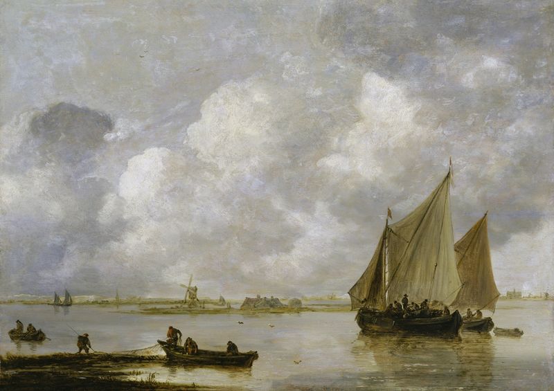 Haarlem Sea de Jan van Goyen, óleo sobre lienzo, que representa un paisaje marino tranquilo al atardecer.
