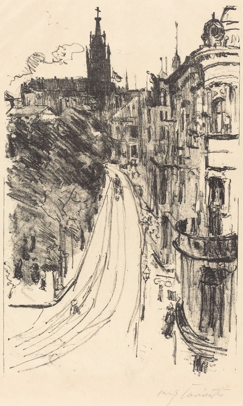 Calle en Königsberg de Lovis Corinth, escena de género con vida urbana, luz y sombra.