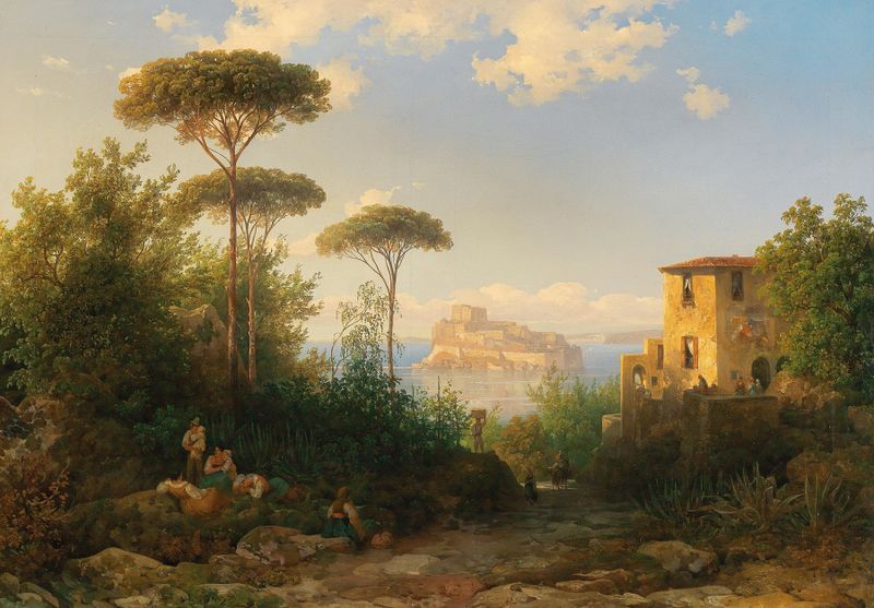Paisaje de Ischia con Castillo Aragonés, óleo sobre lienzo de Thomas Ender