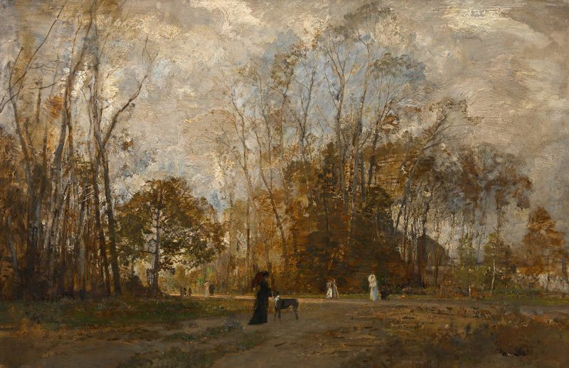 Paisagem com figuras e luz filtrada, pintura a óleo de Emil Jakob Schindler
