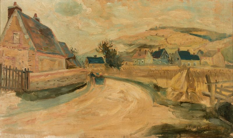 Merey village, oil on canvas by Tadeusz Makowski, depicting a serene landscape with thatched-roof houses.