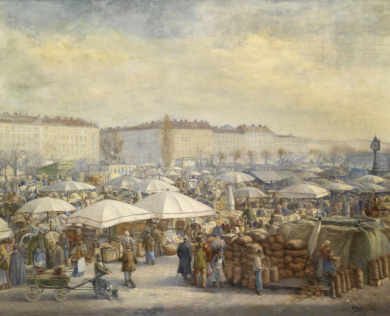 Genre scene depicting figures in sunlight at a market by Carl Massmann, realism