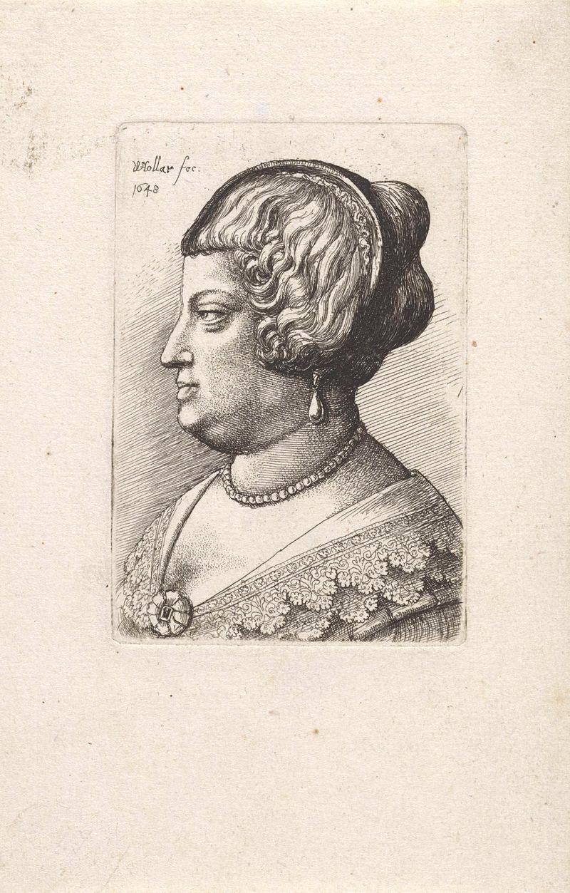 Gravura de Wenceslaus Hollar mostrando uma mulher com uma faixa na cabeça e renda