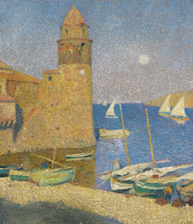 La Tour De Collioure, Lever De Lune de Henri Martin, óleo sobre tela que retrata uma vila iluminada pela lua à beira-mar.