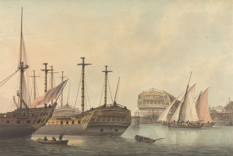 Man-of-War being Refitted, oil on canvas by Samuel Atkins, depicting a ship being repaired.
