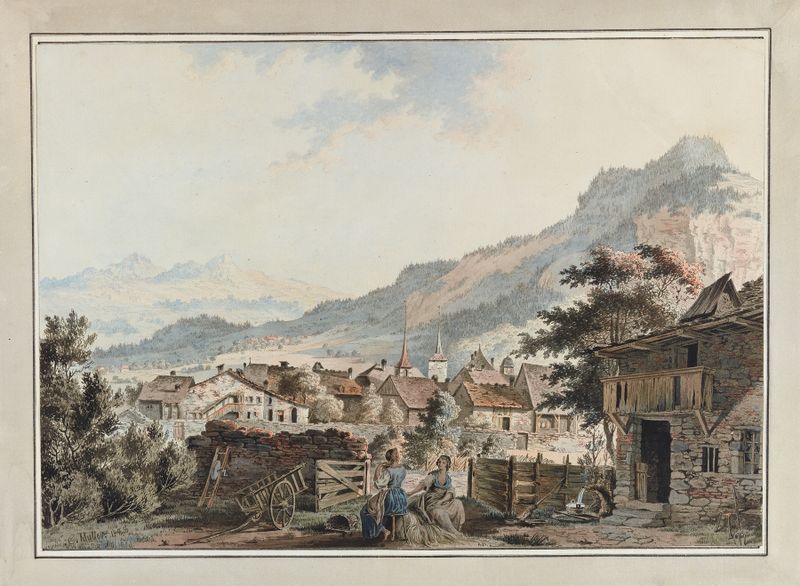 Oil painting by Johann Karl Müllener featuring a village under a serene sky.
