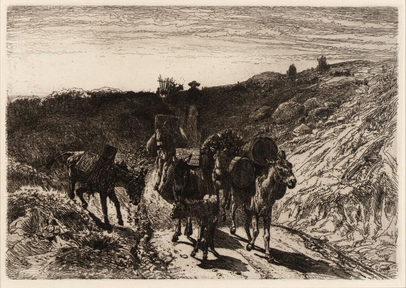 A Burro Train, New Mexico de Peter Moran, óleo sobre tela mostrando burros carregando suprimentos.