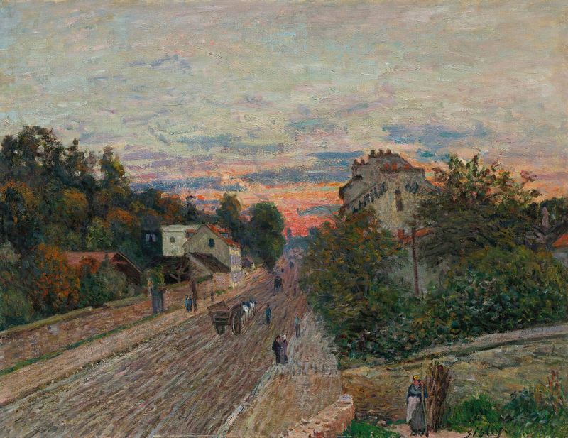 Paisaje al atardecer de Alfred Sisley, pintura al óleo que muestra un camino y árboles.