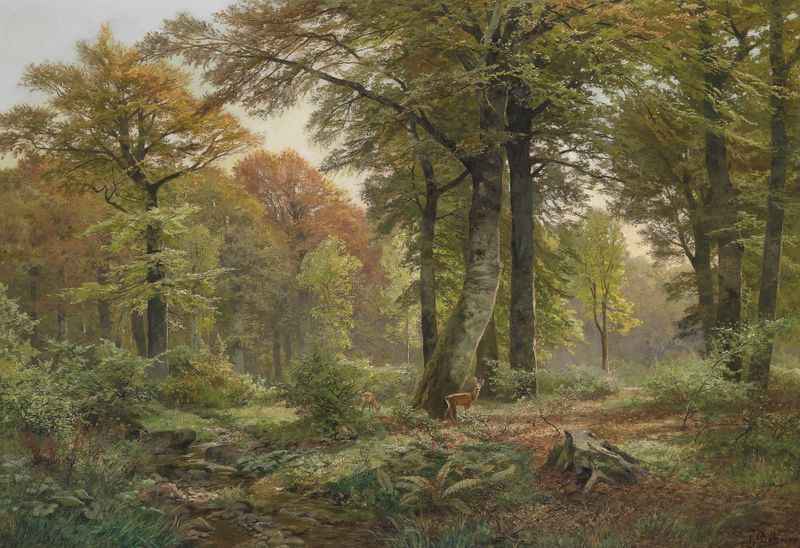 Waldlichtung mit Rehwild by Heinrich Böhmer, oil on canvas depicting a serene forest clearing with deer.