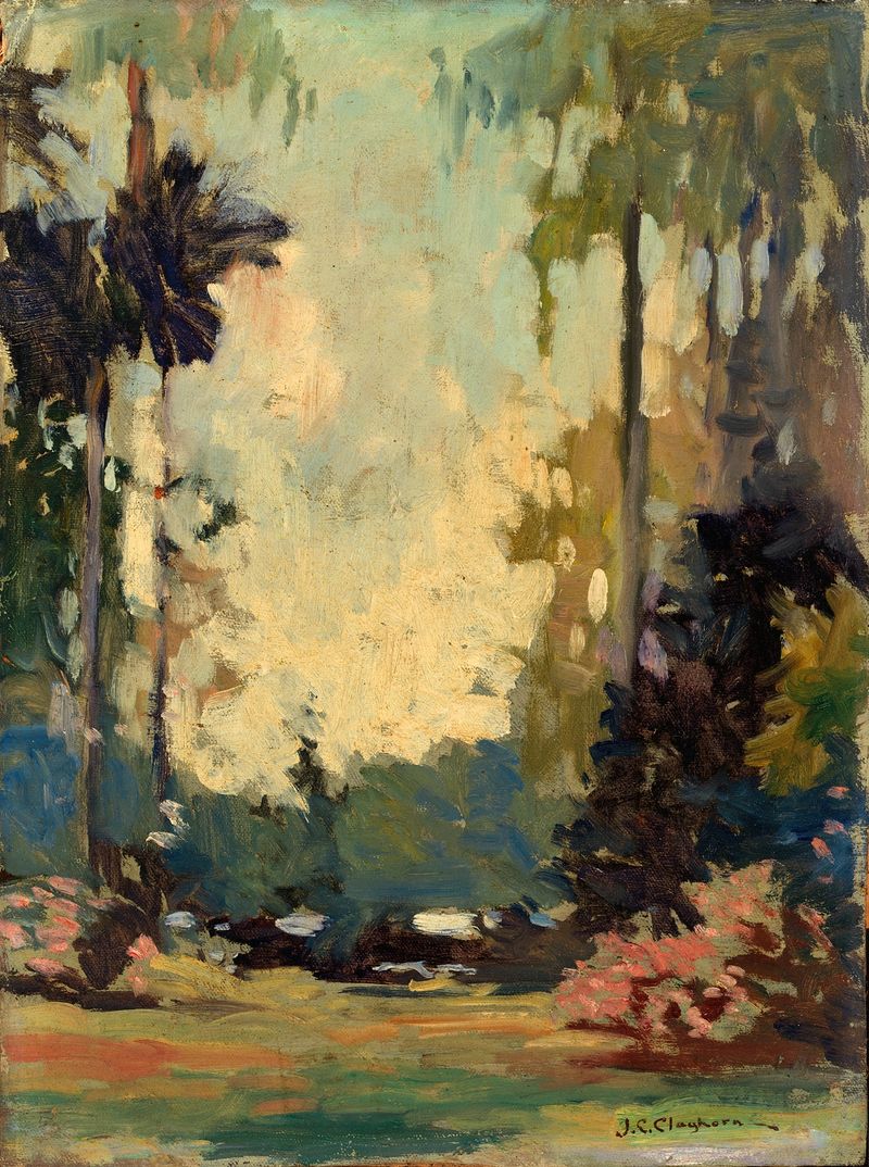 A Florida Park de Joseph C. Claghorn, óleo sobre tela retratando vegetação exuberante e uma brisa suave.