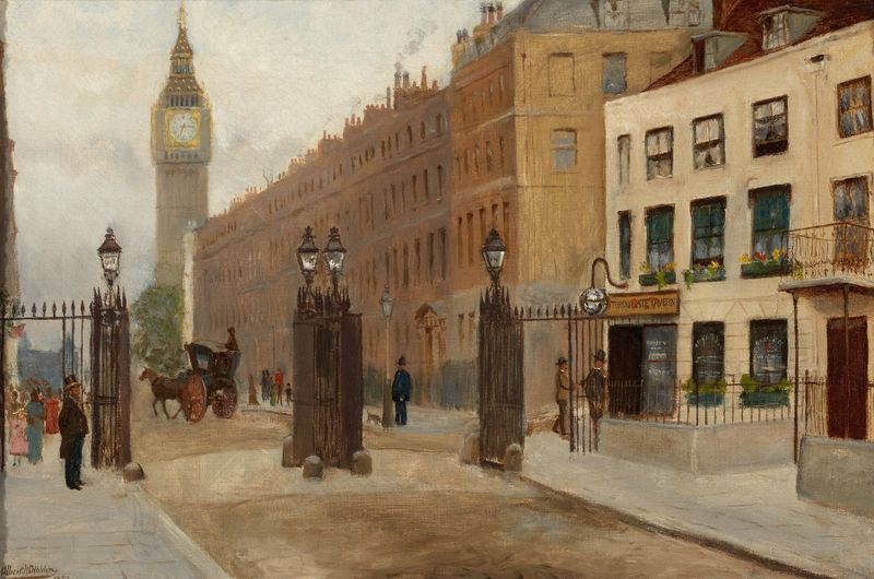Pintura a óleo impressionista de Albert William Holden representando Storey’s Gate com um céu luminoso.