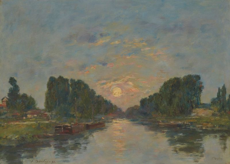 Saint-Valéry-sur-Somme. Effet de lune sur le canal de Eugène Boudin, pintura a óleo que retrata um canal iluminado pela lua.