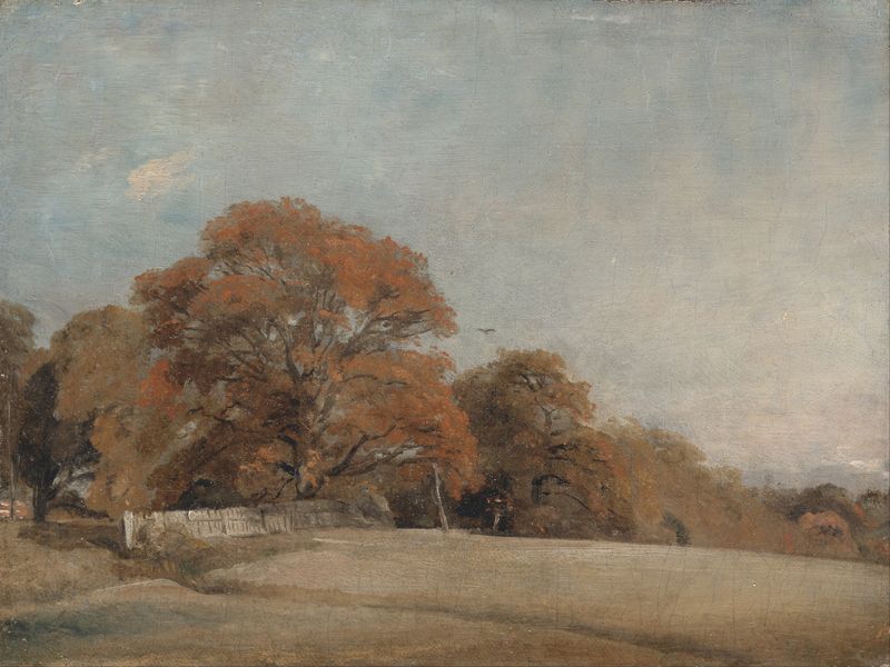 An Autumnal Landscape at East Bergholt, óleo sobre tela de John Constable, retratando colinas de outono e luz dourada.