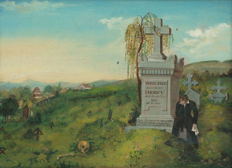 Botanical scene with flowers on gravestones, oil painting by František Klimkovič