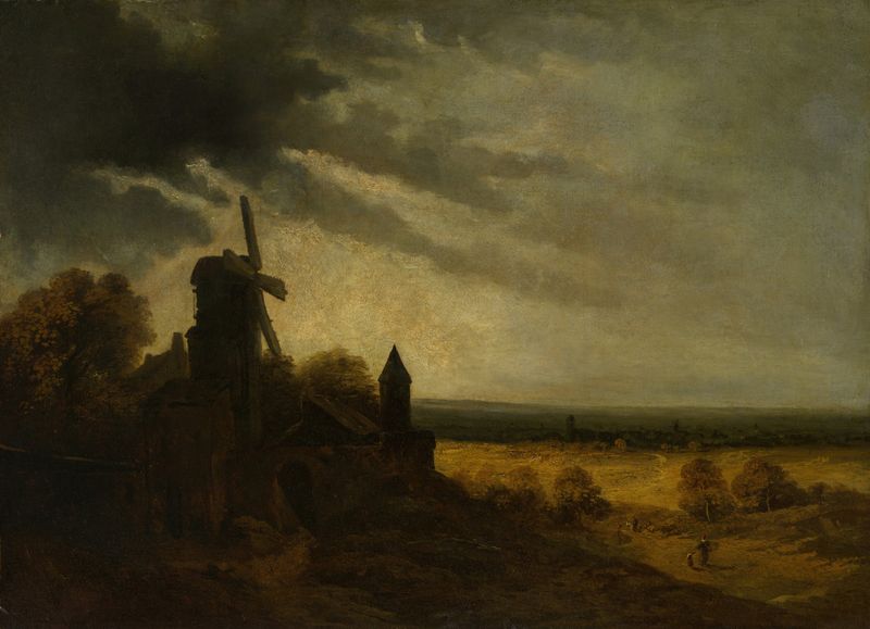 The Mill of Montmartre by Georges Michel, oil on canvas depicting a mill and swirling clouds.
