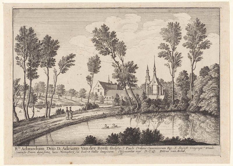 Gravura de Wenceslaus Hollar representando uma abadia entre colinas e árvores
