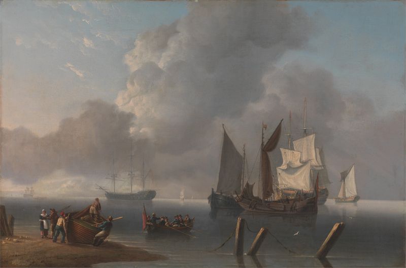 Cena naval com um almirante em um bote e navios, pintura a óleo de Charles Martin Powell