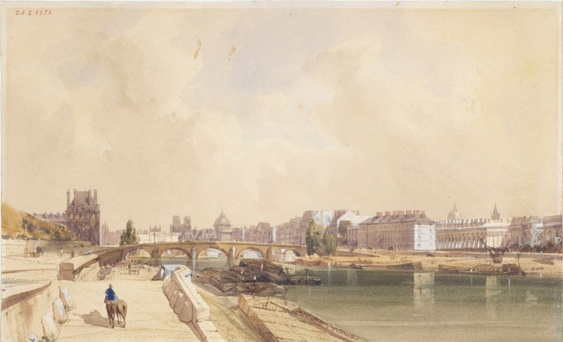 Le Pont-Royal en 1833 de Thomas Shotter Boys, óleo sobre tela que retrata uma ponte sobre um rio.