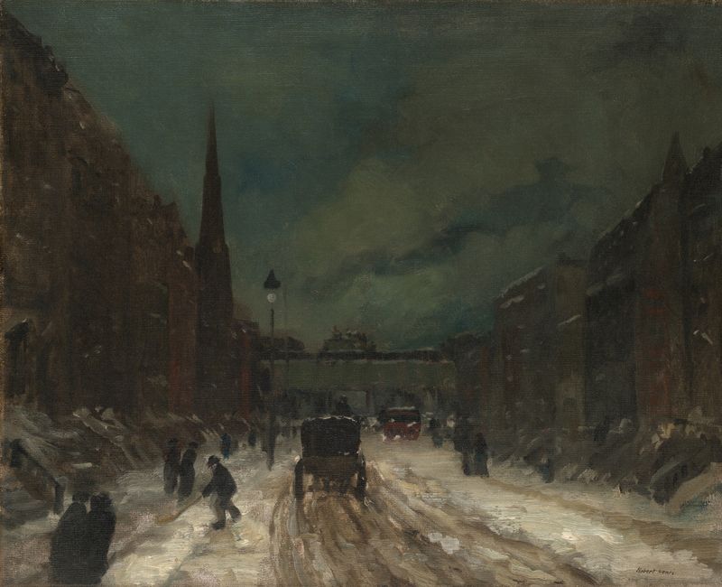 Street scene with snow, oil on canvas by Robert Henri