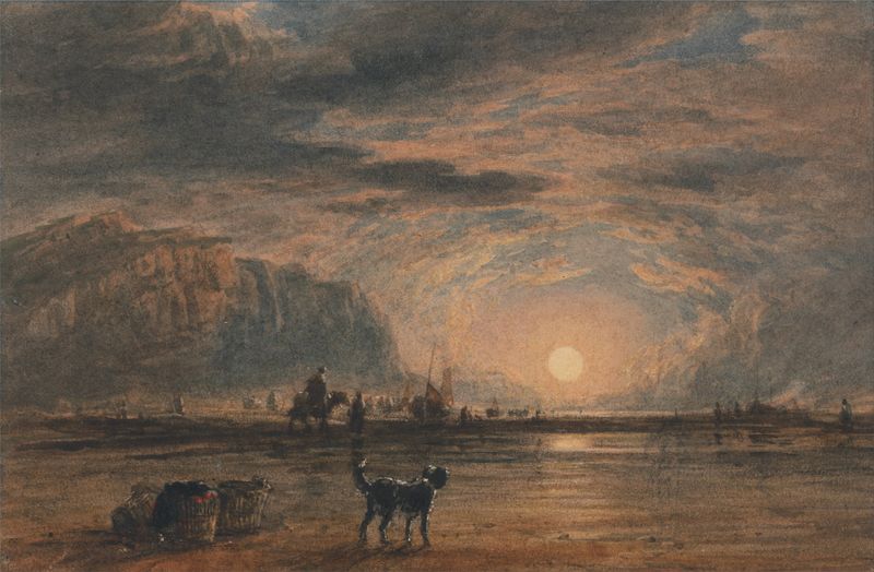 Cena marinha ao amanhecer de David Cox, retratando ondas suaves e um céu vibrante em uma pintura a óleo.