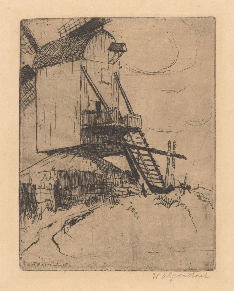 Paisaje con un molino y escalera de Willem Adrianus Grondhout, pintura al óleo