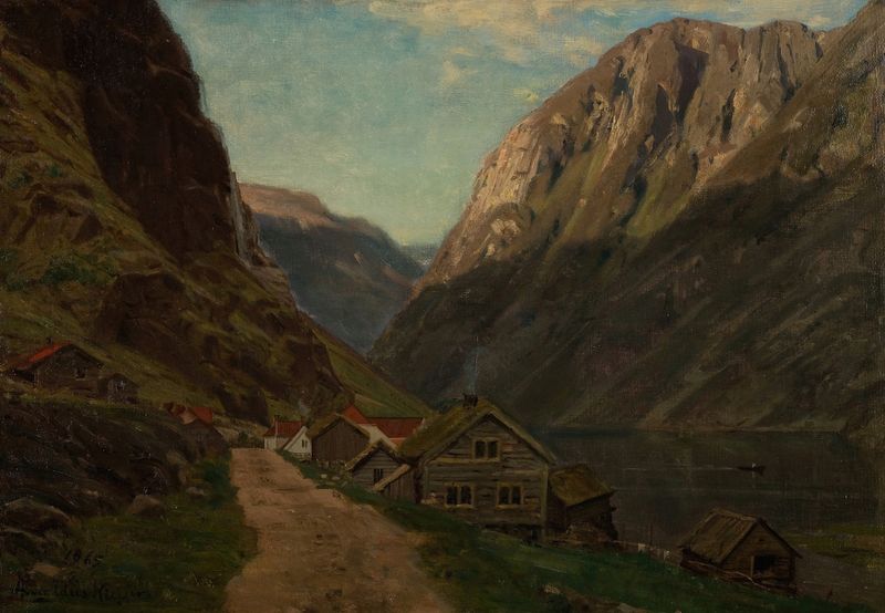 Paisaje etéreo con montañas y atardecer de Amaldus Nielsen, óleo sobre lienzo