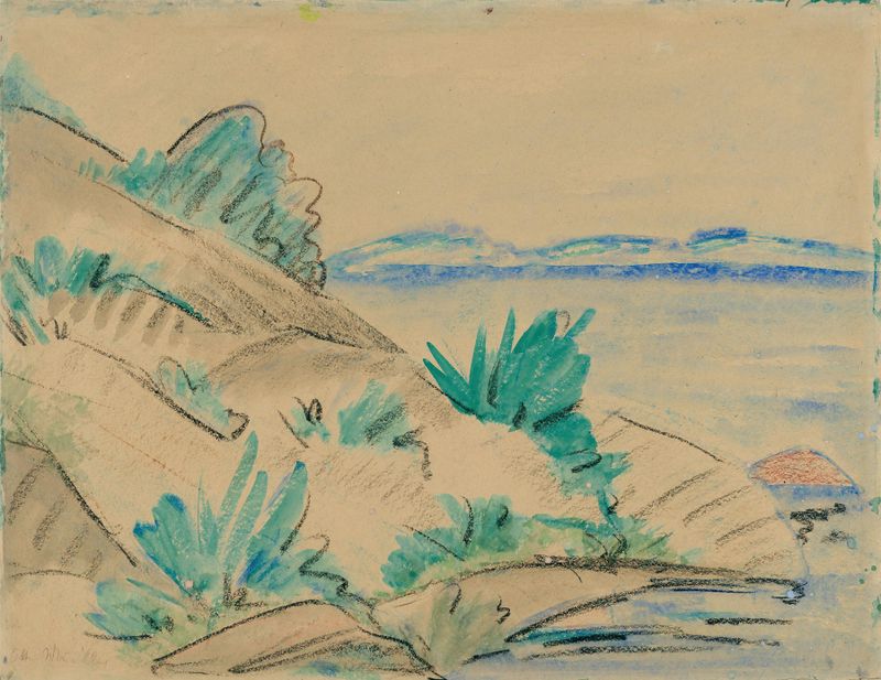 Dünenlandschaft mit Sträuchern by Otto Mueller, oil painting, landscape