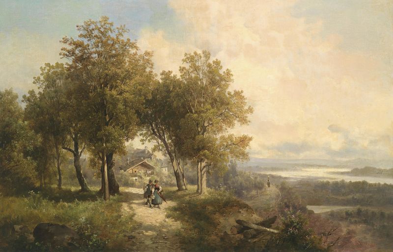Flusslandschaft de Josef Thoma, un paisaje impresionista en óleo con un río animado.
