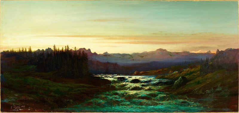 Mountain landscape by Gustave Doré, 1868, depicting rugged peaks and serene nature.